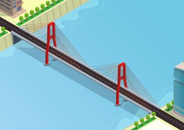 Şehirdeki büyük nehri geçen köprünün izometriği