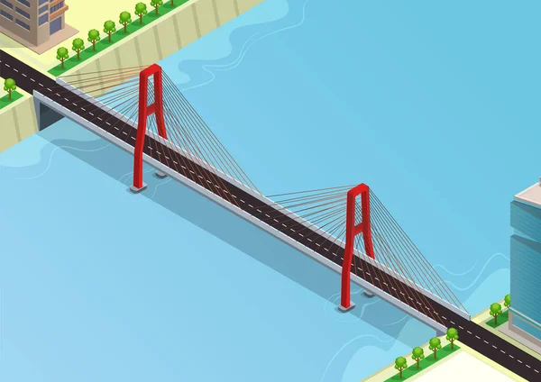 Ισομετρική Γέφυρα Διασχίζουν Μεγάλο Ποτάμι Της Πόλης — Διανυσματικό Αρχείο