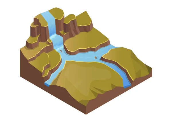 Изометрический Остров Рекой Водопадом — стоковый вектор