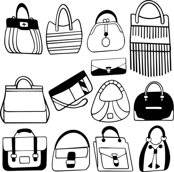 さまざまなバッグや財布のセット ポストカードやぬり絵のために 手描きベクトルイラスト — ストックベクタ