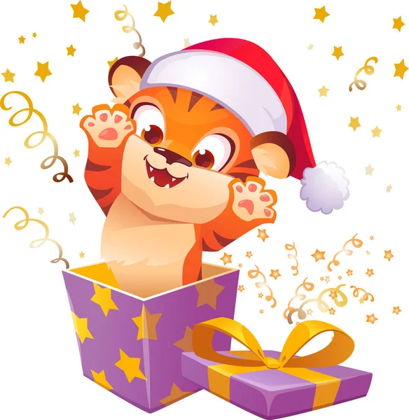 İçinde sürpriz kaplan ve konfeti olan bir web kutusu. Kartpostallar, tasarımlar için. Elle çizilmiş vektör illüstrasyonu.