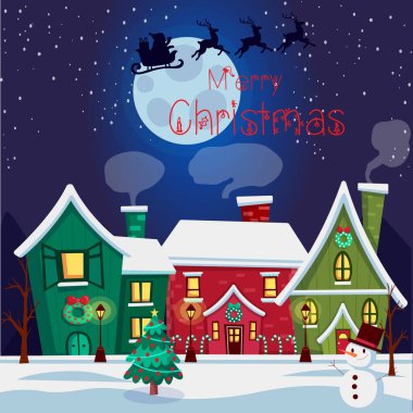 Webtoon kardan adam ve Noel ağacı, ay ve uçan ren geyiği olan evler. Noel ve yeni yıl tebrik kartı, mesaj, Mutlu Noeller. Vektör illüstrasyonu.
