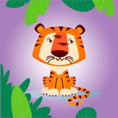 Ormandaki şirin kaplan yavrusu, mor bir arka planda. Kartpostallar ve tasarımlar için. Elle çizilmiş vektör illüstrasyonu.