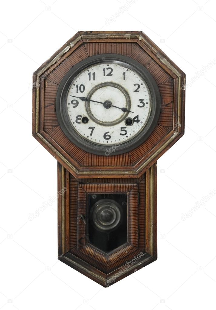 Vintage old style wooden clock isolated on white background Stock Photo