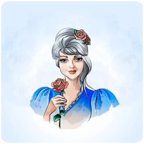 Retrato Una Hermosa Dama Con Pelo Azul Una Rosa Escarlata — Archivo Imágenes Vectoriales