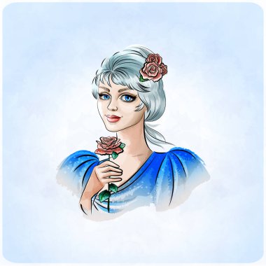  Mavi saçlı ve kırmızı güllü güzel bir kadın portresi. Elinde kırmızı bir gül olan sarışın peri..