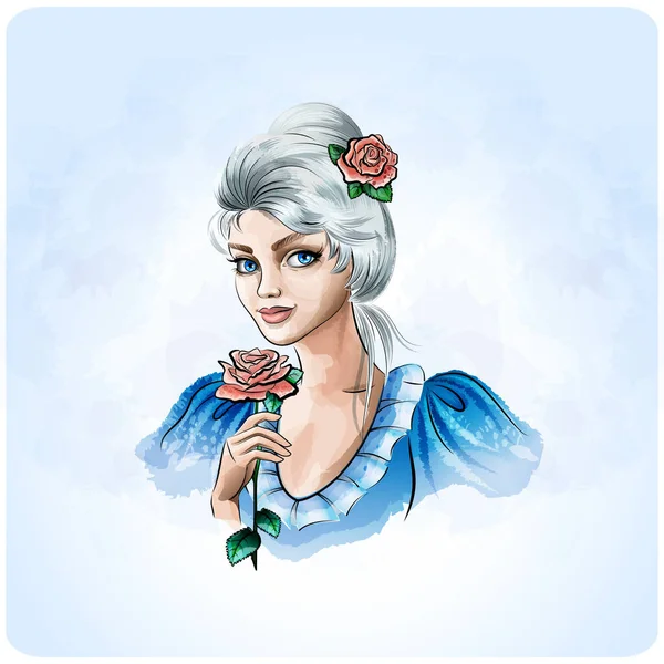Egy Gyönyörű Hölgy Portréja Kék Hajjal Vörös Rózsával Szőke Tündér — Stock Vector