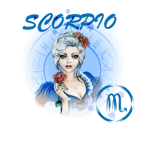 Zodiac Sign Scorpio Portrait Lady Roses Zodiac Digital Watercolor — Image vectorielle