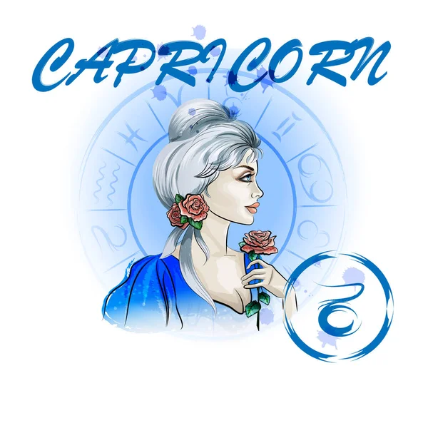 Zodiac Sign Capricorn Portrait Lady Roses Zodiac Circle — Image vectorielle