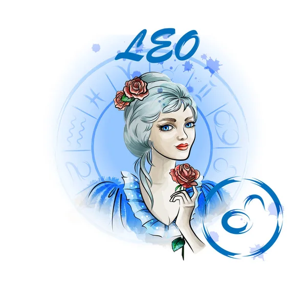 Zodiac Sign Leo Portrait Lady Roses Zodiac Circle — Stock Vector