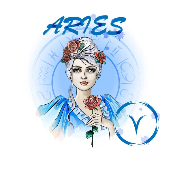 Zodiac Sign Aries Portrait Lady Roses Zodiac Circle — Stock Vector