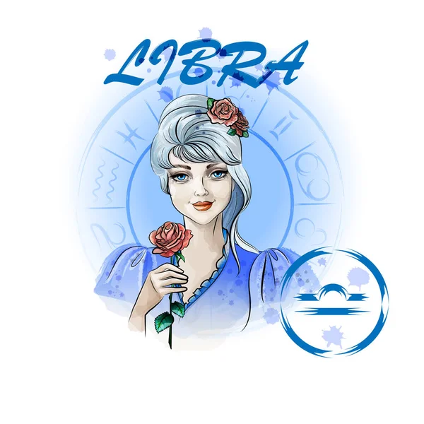 Zodiac Sign Libra Portrait Lady Roses Zodiac Circle — ストックベクタ