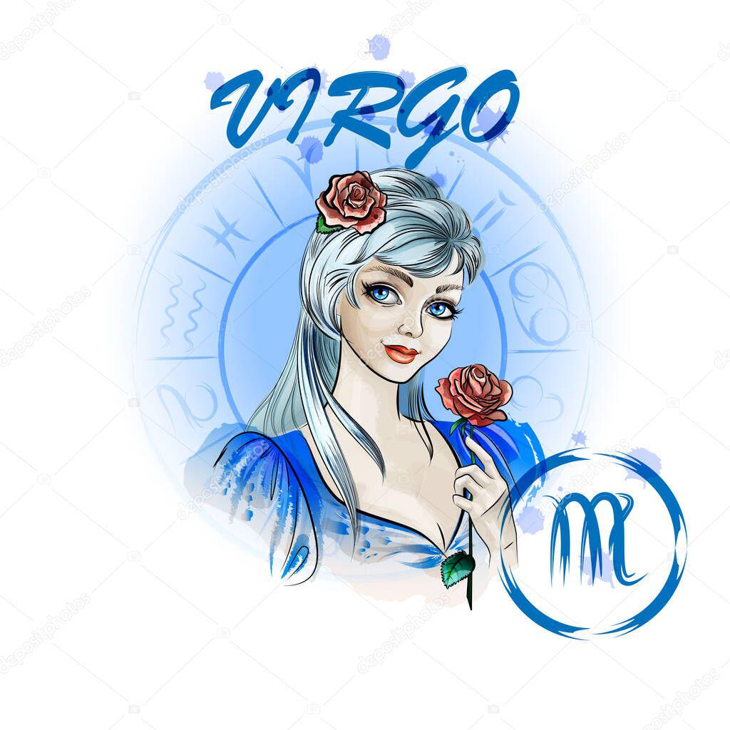 Zodiac sign Virgo.Portrait of a lady with roses in the zodiac circle