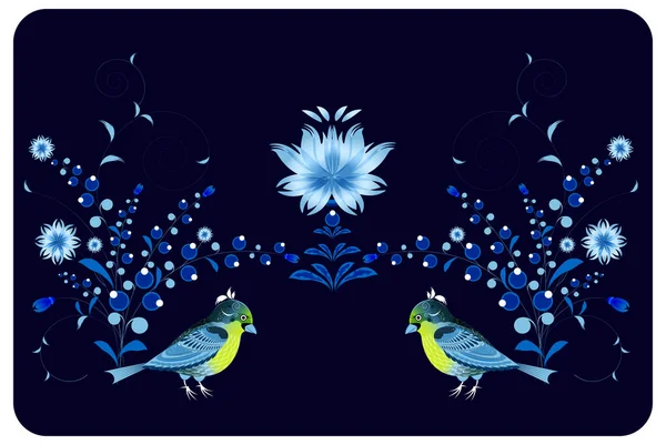 Zwei Dekorative Hühner Mit Einem Zarten Blumenstrauß Auf Blauem Hintergrund — Stockvektor