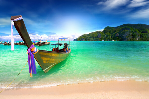 Tropical beach, traditional long tail boats, Andaman Sea, Thailand