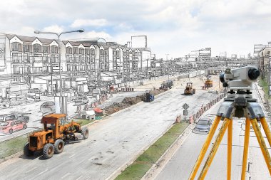 grafik bulldozer ve yeni yol üzerinde silindir