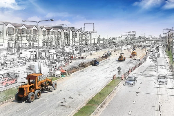 Graphic Bulldozer and steamroller on new road — Stock Photo, Image