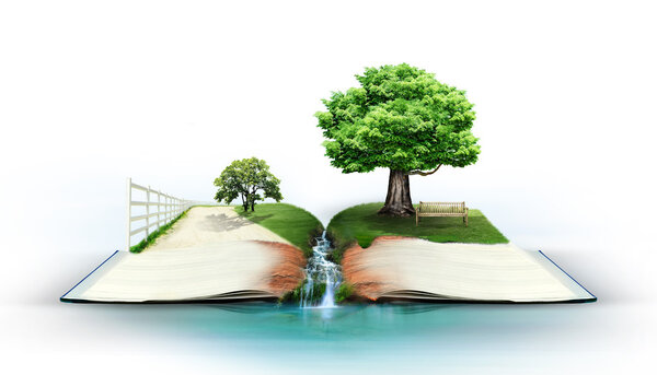 Open book with green nature