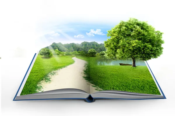 Yeşil doğa ile açık kitap Stok Fotoğraf