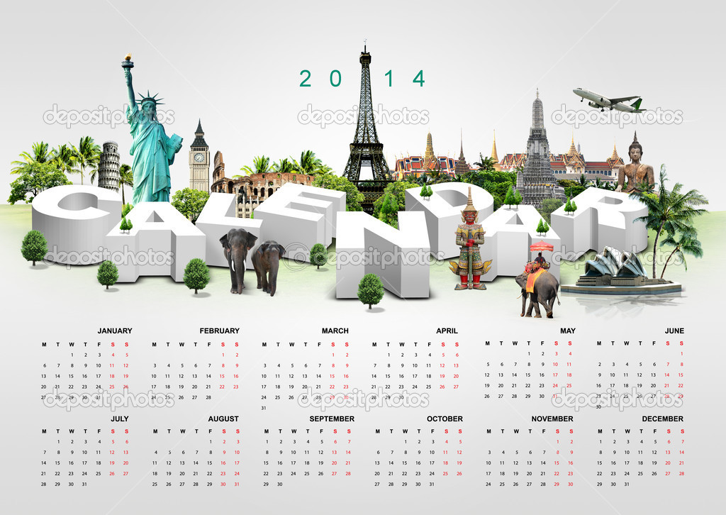 Calendar 2014 on travel background.