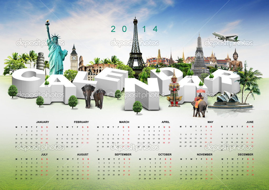 Calendar 2014 on travel background.