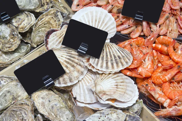 Una gran variedad de mariscos en un supermercado — Foto de Stock