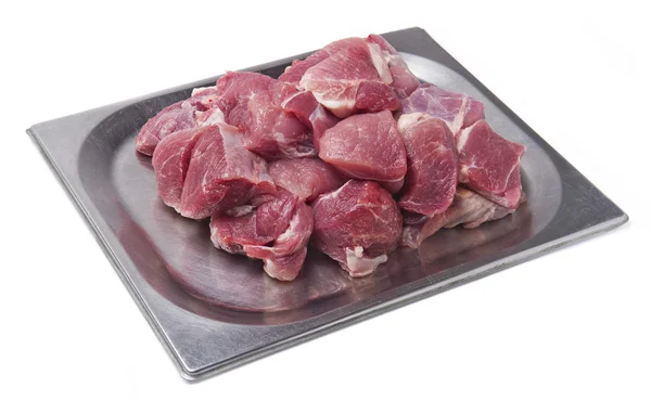 Raw meat for barbecue in metal plates — Stock Photo, Image
