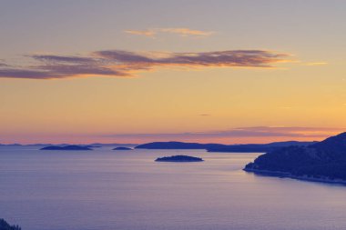 Islands of Kornati national park, aerial view of Adriatic archipelago after sunset. Tourism, travel destinations and environment concepts