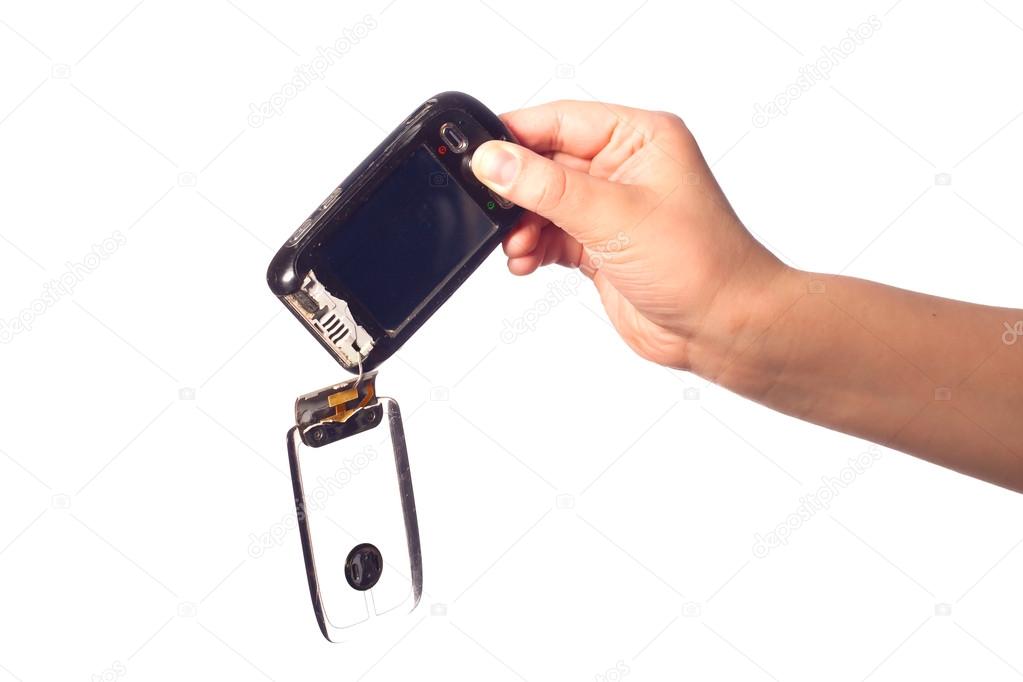 Broken black Smartphone in man's hand.