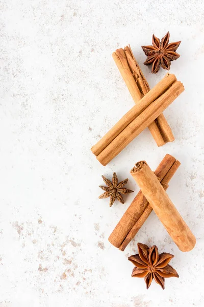 Ceylon Cinnamon Sticks Star Anise White Speckled Background Lots Copy — Stock Photo, Image
