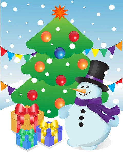 Χιονάνθρωπος και δώρα στο χριστουγεννιάτικο δέντρο — Διανυσματικό Αρχείο