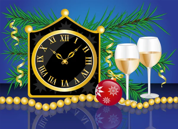 Christmas card with a clock, champagne and Christmas ornaments — Stock Vector