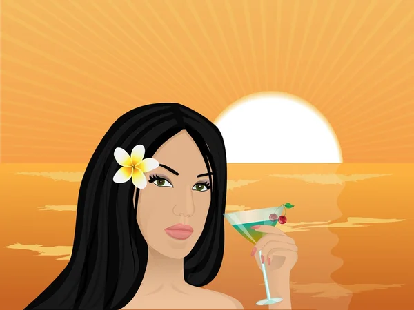 Girl with a cocktail at sunset — Stock Vector