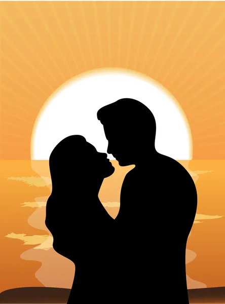 Siluetas de pareja amorosa al atardecer — Vector de stock