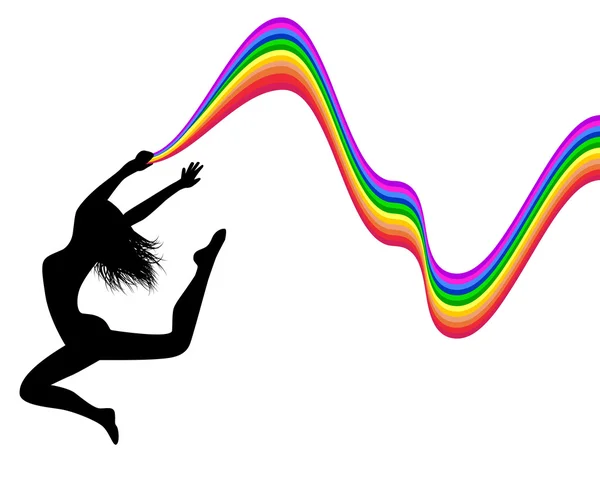Kvinnliga siluett i ett hopp innehar en regnbåge — Stock vektor