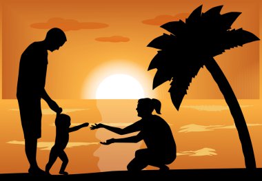 Günbatımında bir çocuk ile aile