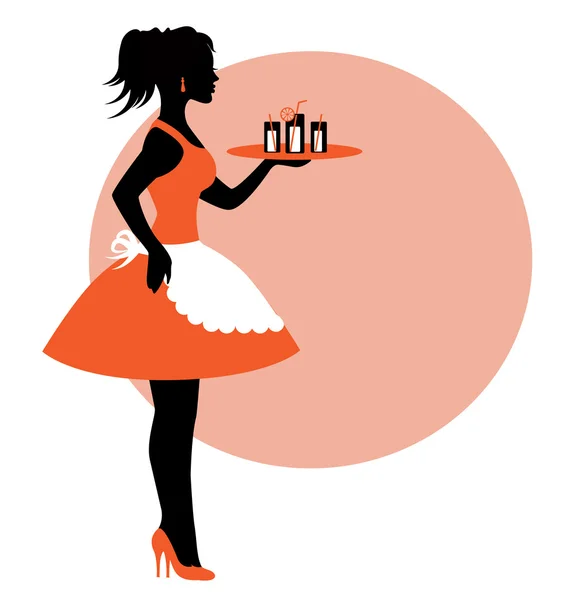 Silhouette féminine portant un tablier et portant un plateau . — Image vectorielle