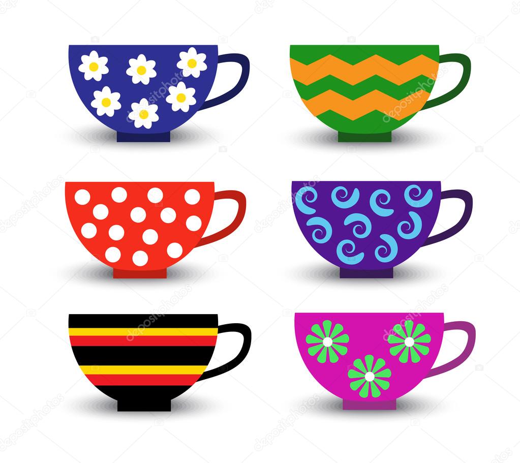 Set of multi-colored cups with patterns
