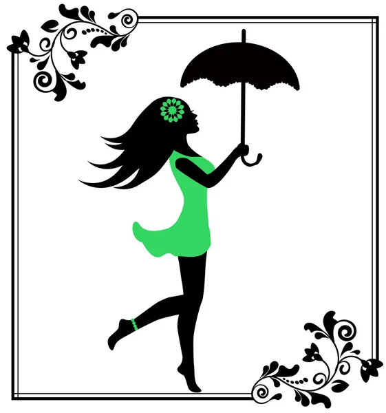 Girl with umbrella in a patterned frame — Stock Vector