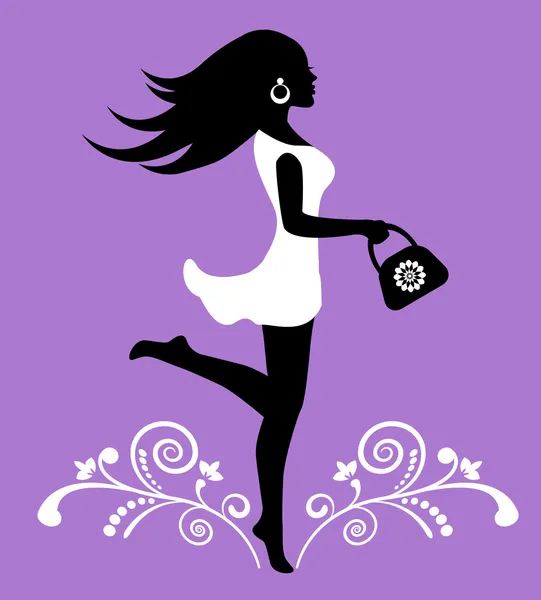 Silhouette féminine élégante et motif orné de tourbillons — Image vectorielle