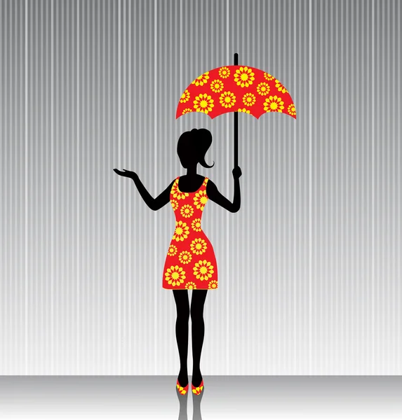 Woman with an umbrella in a bright dress — Stock Vector