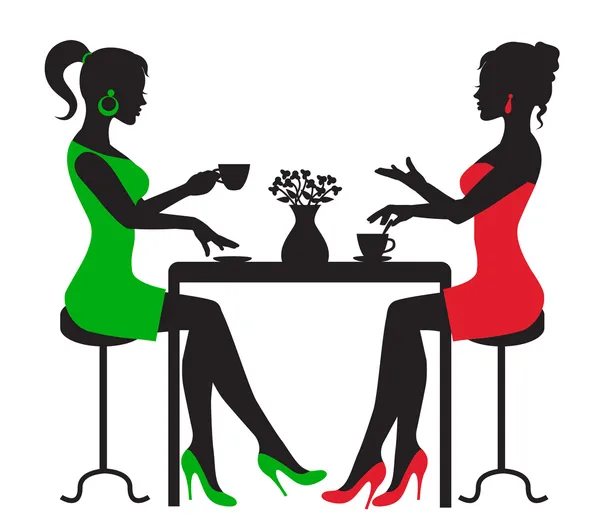 Two women drinking coffee at a table — Stock Vector