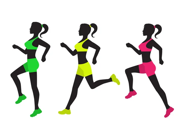 Tres siluetas de mujeres corriendo — Vector de stock