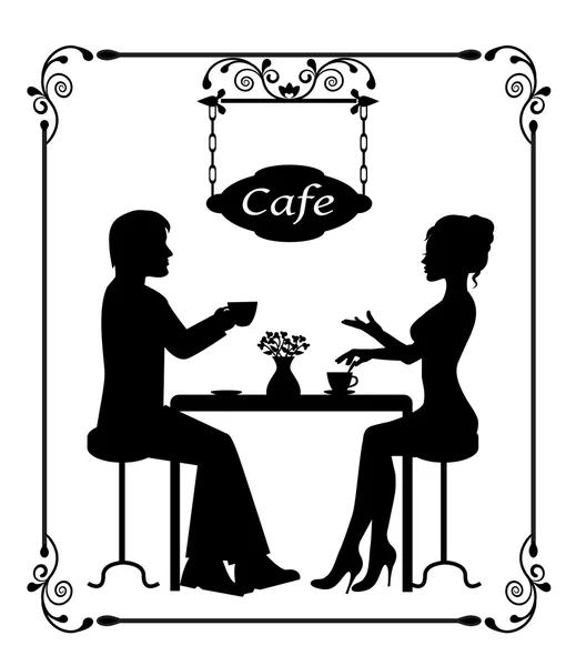 Силуети люблячої пари в кафе і вінтажному обрамленні — стоковий вектор