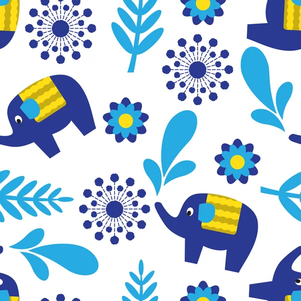 Cartoon seamless pattern with elephants and plant elements — Stock Vector