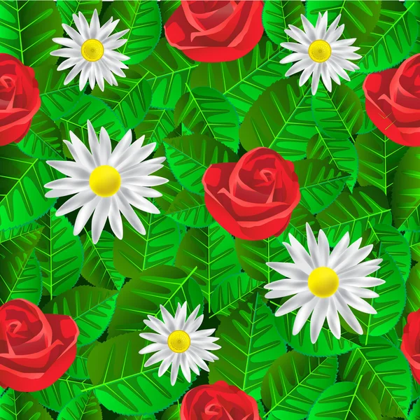 Seamless pattern with leaves, daisies and roses — Stock Vector