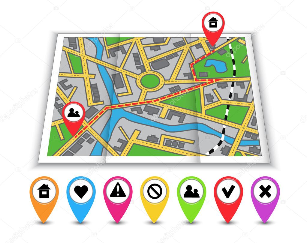 Paper maps, icons and distance marked in red