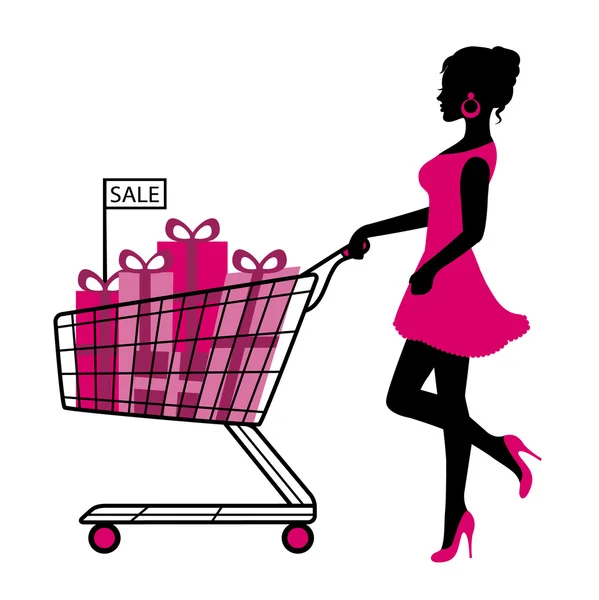Woman wheels a cart with gifts and shopping — Stock Vector