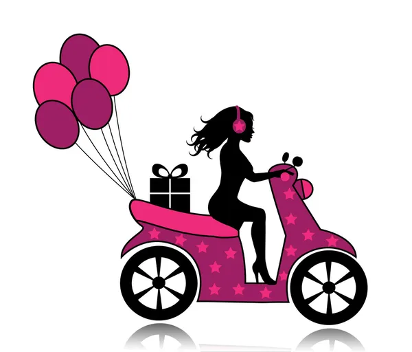 Mujer en una motocicleta conducida por un regalo y globos — Vector de stock