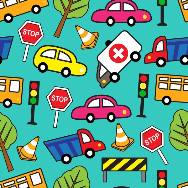 Seamless pattern with cars and traffic signs — Stock Vector